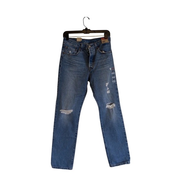 Levi's Denim - Levi's 501 Original Distressed Medium Wash Button Fly‎ Straight Leg Jeans 27x30